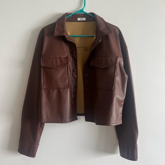 Cropped Brown Faux Leather Jacket - Picture 1 of 3